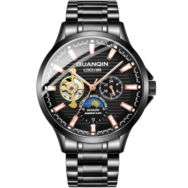 GUANQIN 2018 watch men Luminous clock men Automatic waterproof Mechanical leather rose gold skeleton business relogio masculino