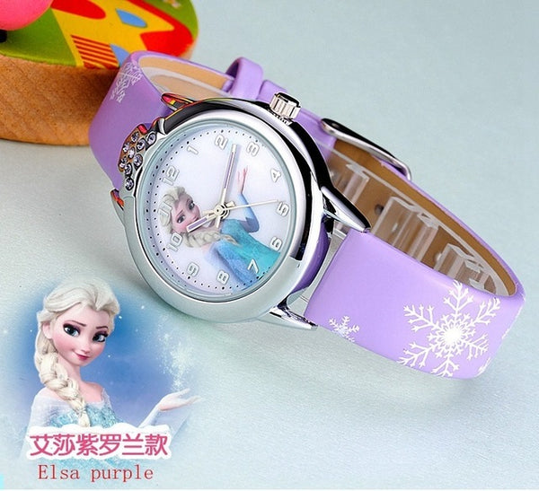 Hot Princess Elsa Pattern Children Watch Fashion Crystal Cartoon Leather Strap Quartz Wristwatch Casual Girls Kids Clock Reloj