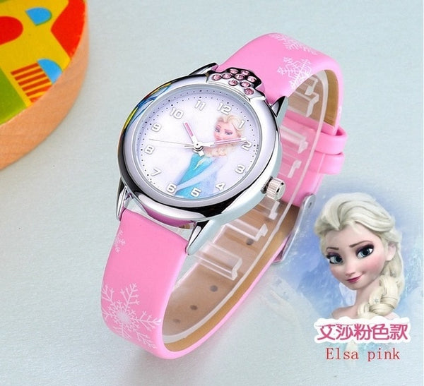 Hot Princess Elsa Pattern Children Watch Fashion Crystal Cartoon Leather Strap Quartz Wristwatch Casual Girls Kids Clock Reloj