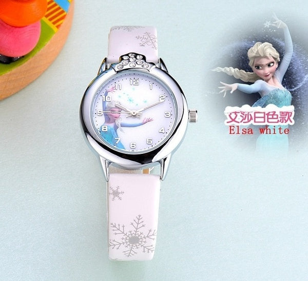 Hot Princess Elsa Pattern Children Watch Fashion Crystal Cartoon Leather Strap Quartz Wristwatch Casual Girls Kids Clock Reloj