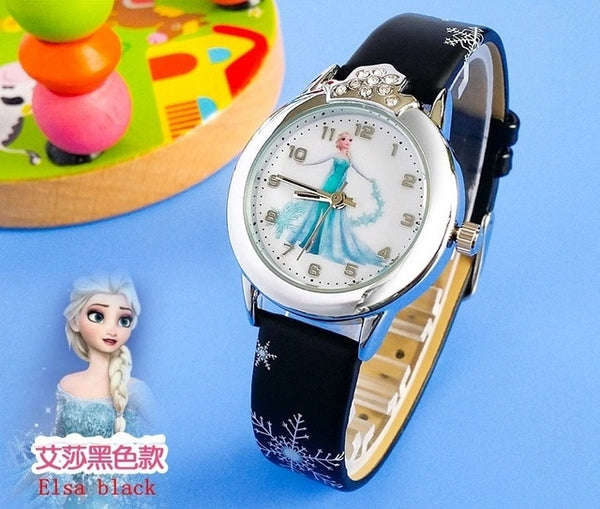 Hot Princess Elsa Pattern Children Watch Fashion Crystal Cartoon Leather Strap Quartz Wristwatch Casual Girls Kids Clock Reloj