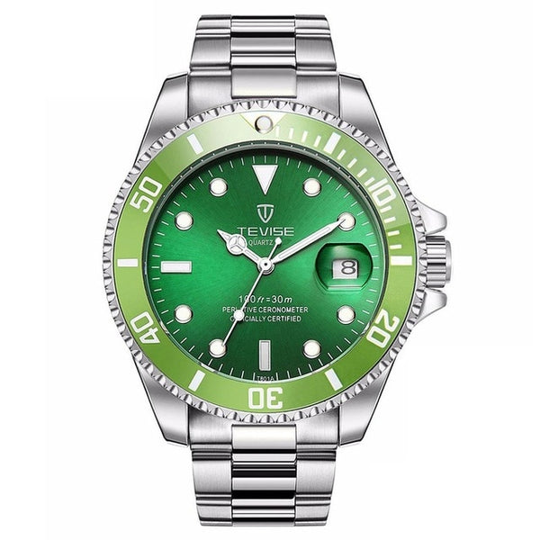 Tevise Watch Green Water Ghost Quartz Watch Top Brand Luxury Fashionable Non-Mechanical Men'S Watch Spiral Crown Watch Free Box