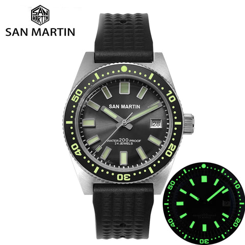 San Martin 62Mas Diver Automatic Mechanical Men Watch NH35 Stainless Steel Ceramic Bezel Sunray Dial Rubber Calendar Luminous