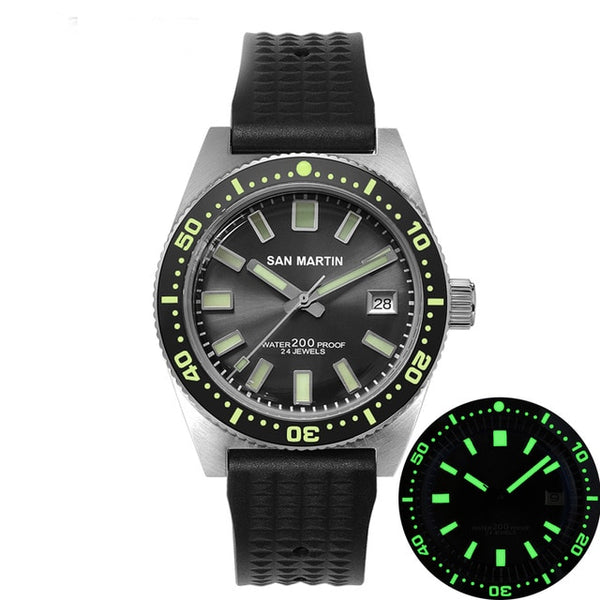 San Martin 62Mas Diver Automatic Mechanical Men Watch NH35 Stainless Steel Ceramic Bezel Sunray Dial Rubber Calendar Luminous