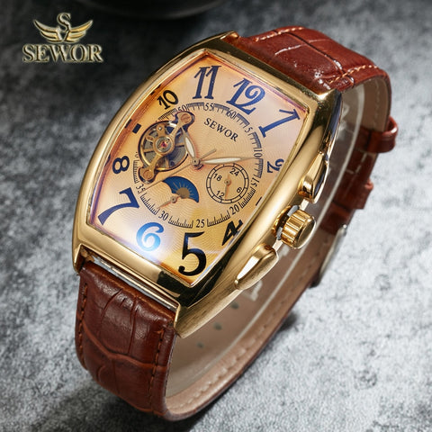 SEWOR Top Luxury Brand Fashion Barrel Type Leather Watch band Mens Automatic Mechanical Watch Sport Watches Free Shipping