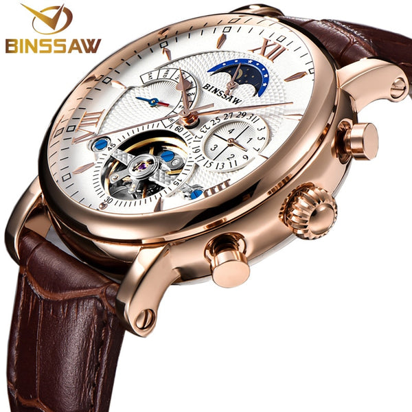 BINSSAW Reloj Men Mechanical Watch Automatic Tourbillon Business Leather Montre Homme Moon Phase Sports Watches Zegarek Meski