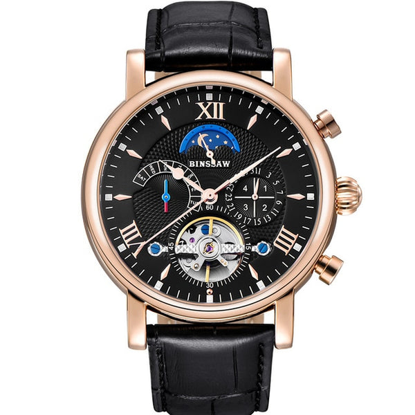 BINSSAW Reloj Men Mechanical Watch Automatic Tourbillon Business Leather Montre Homme Moon Phase Sports Watches Zegarek Meski