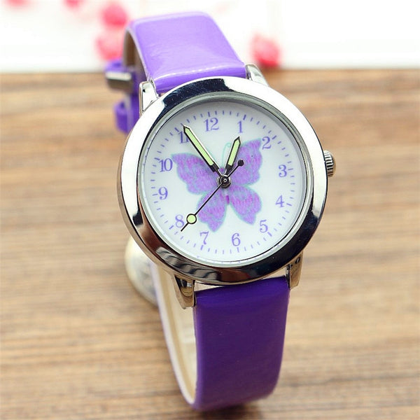 Free shipping kids lovely butterfly dial quartz watch little boys and girls leanr to time animals face luminous hands gift clock