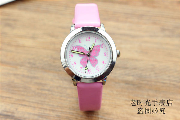 Free shipping kids lovely butterfly dial quartz watch little boys and girls leanr to time animals face luminous hands gift clock