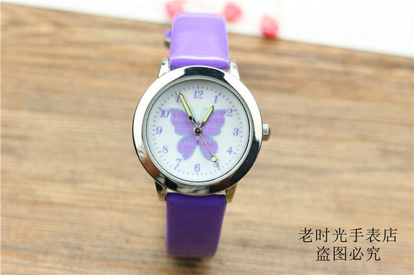 Free shipping kids lovely butterfly dial quartz watch little boys and girls leanr to time animals face luminous hands gift clock