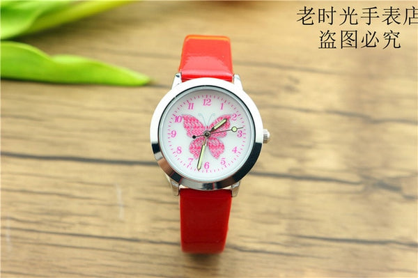 Free shipping kids lovely butterfly dial quartz watch little boys and girls leanr to time animals face luminous hands gift clock