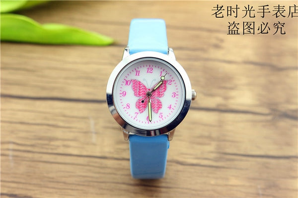 Free shipping kids lovely butterfly dial quartz watch little boys and girls leanr to time animals face luminous hands gift clock