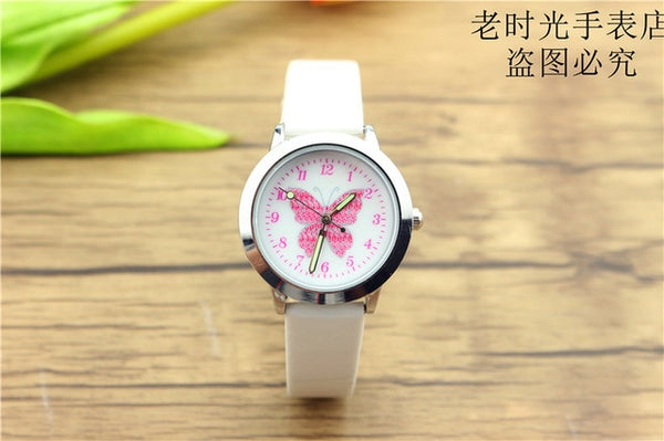 Free shipping kids lovely butterfly dial quartz watch little boys and girls leanr to time animals face luminous hands gift clock