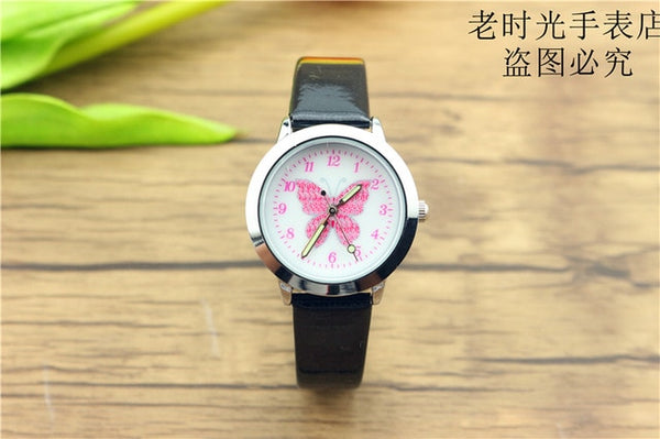 Free shipping kids lovely butterfly dial quartz watch little boys and girls leanr to time animals face luminous hands gift clock