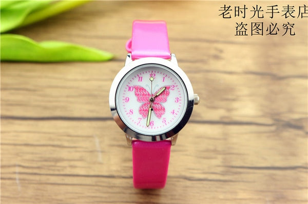 Free shipping kids lovely butterfly dial quartz watch little boys and girls leanr to time animals face luminous hands gift clock