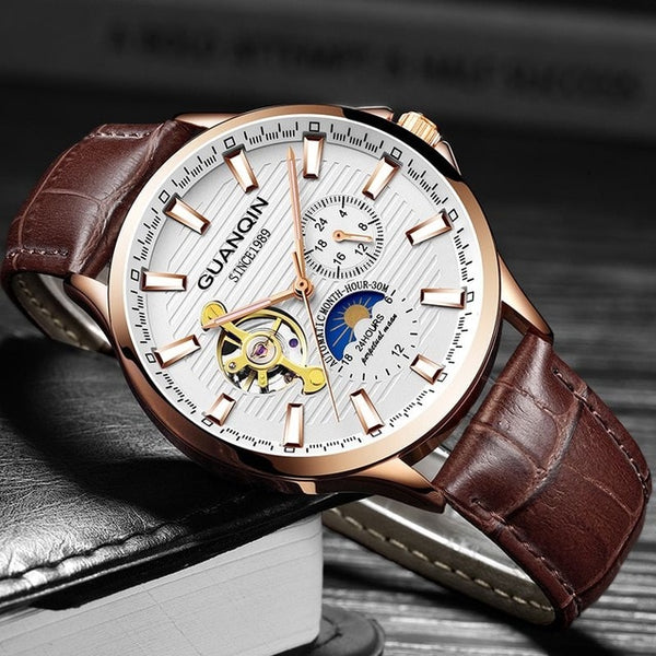 GUANQIN 2018 watch men Luminous clock men Automatic waterproof Mechanical leather rose gold skeleton business relogio masculino