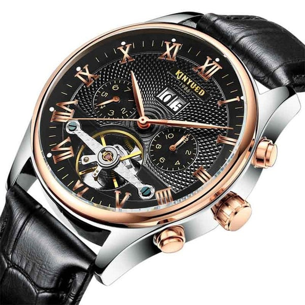 KINYUED Skeleton Tourbillon Mechanical Watch Men Automatic Classic Rose Gold Leather Mechanical Wrist Watches Reloj Hombre 2019