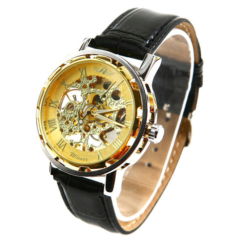 Winner Mens - self-winding mechanical watch - leather bracelet watch - golden