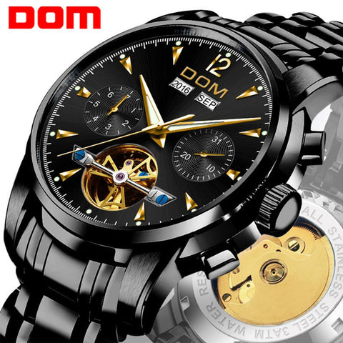 DOM Mechanical Watch Men Wrist Automatic Retro Watches Men Waterproof Black Full-Steel Watch Clock Montre Homme M-75BK-1MW