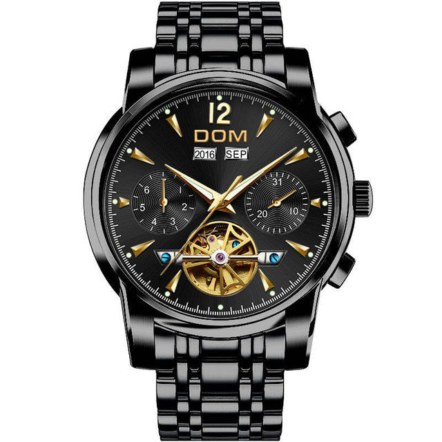 DOM Mechanical Watch Men Wrist Automatic Retro Watches Men Waterproof Black Full-Steel Watch Clock Montre Homme M-75BK-1MW